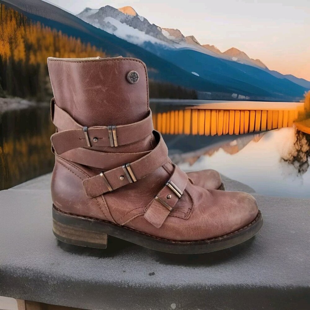 ✅Bussola PRAUGUE Brown Leather Boots Side Zip Straps Women's Size 38 / 7-7.5 US